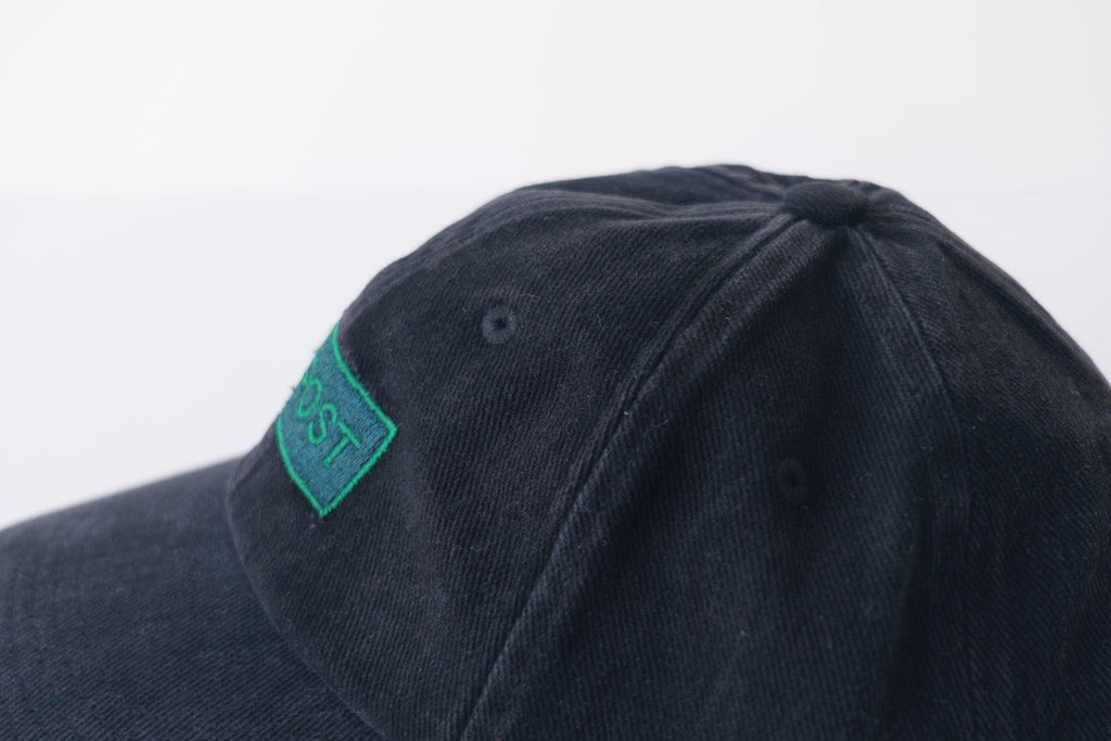 Left side studio profile of the bABP B-SIDE "COMPOST" black washed cotton hat with a green embroidered logo patch on a light gray background