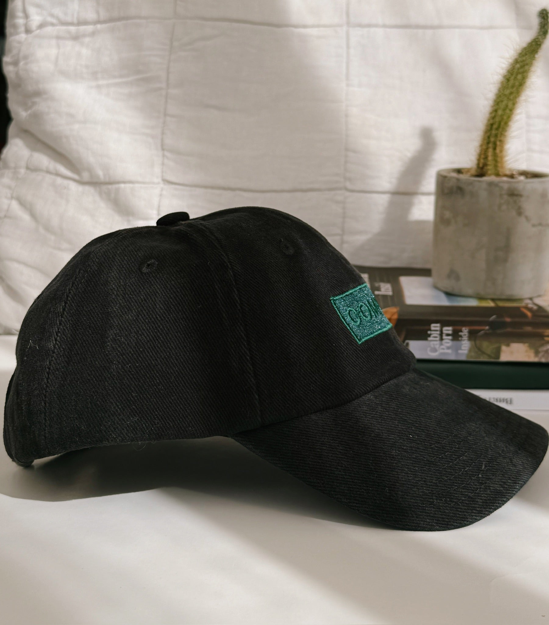 Side profile of bABP "COMPOST" black washed cotton dad hat with a green embroidered logo patch from the B-SIDE collection, styled with a cactus and "Cabin Porn" book on a white surface
