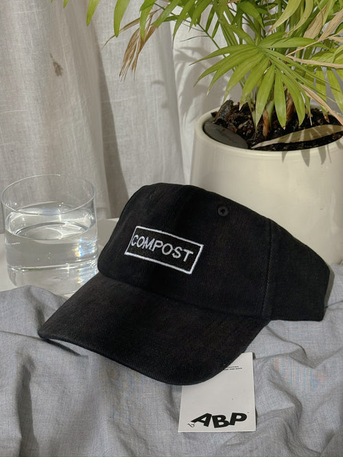 Front view of bABP "COMPOST" black washed cotton dad hat with white and black logo embroidery from the B-SIDE collection, placed on a light fabric background with a potted plant and a glass of water