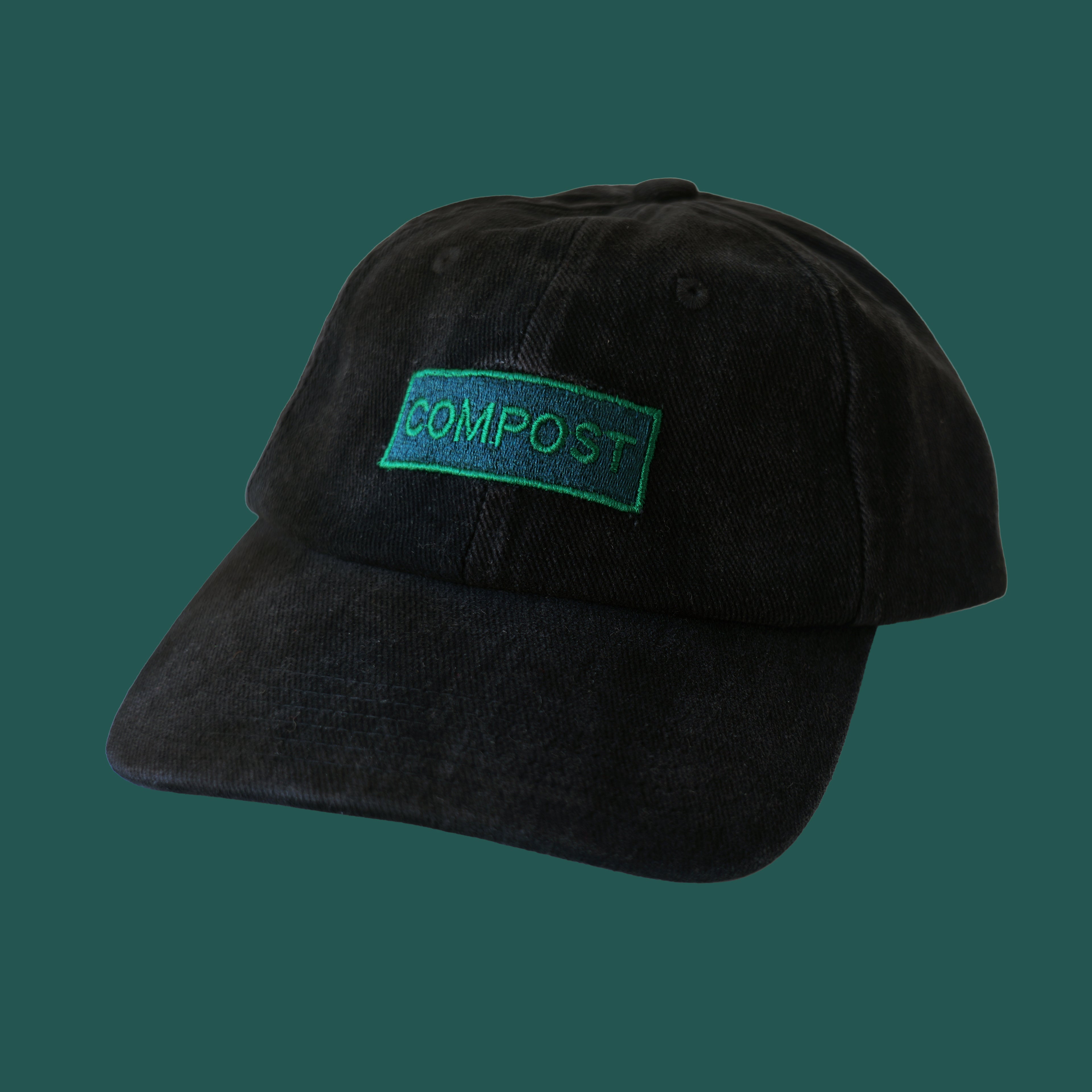 Professional studio shot of bABP B-SIDE: FRESH COMPOST black washed cotton hat with vibrant green logo embroidery, featured on a matching monochromatic green background
