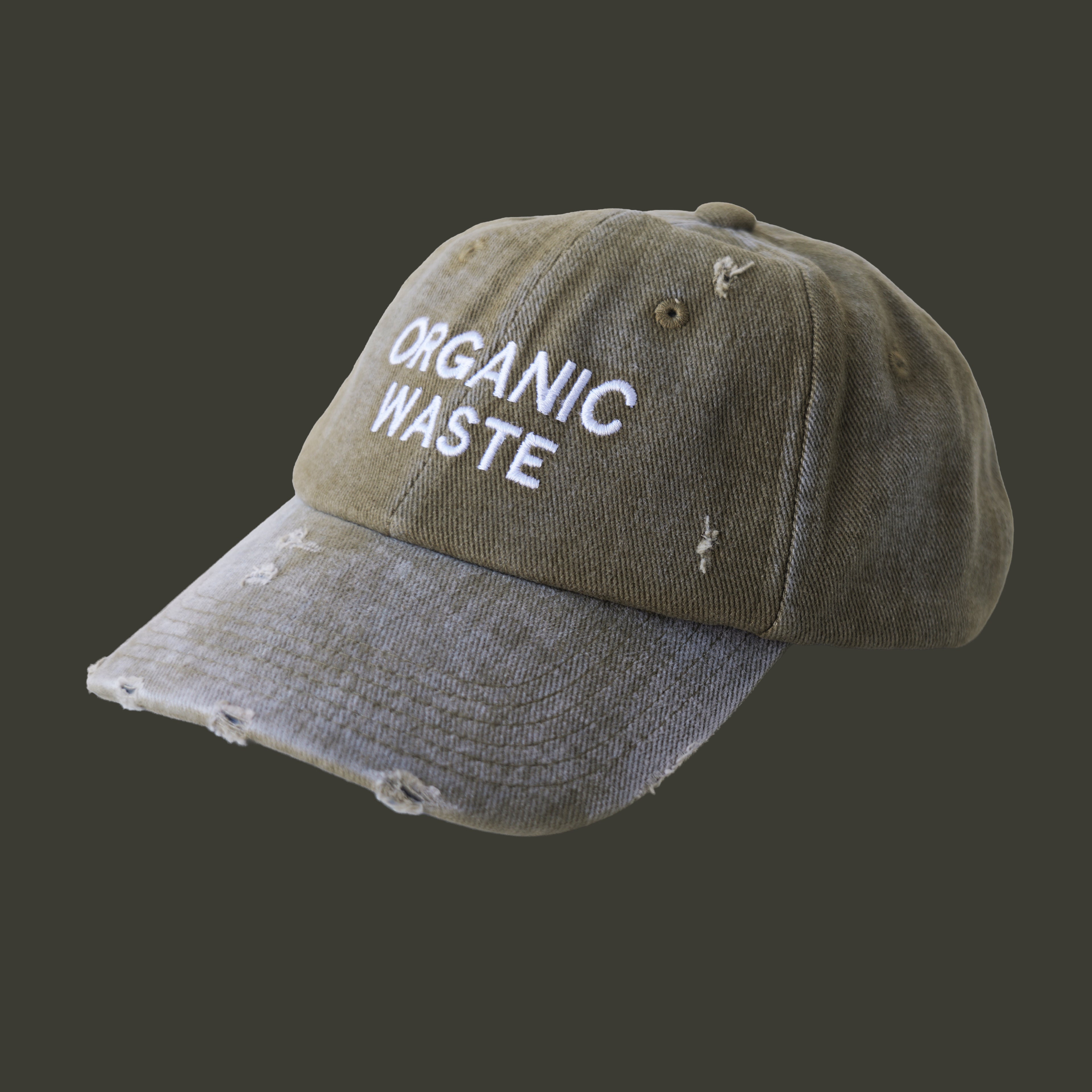 Professional studio shot of bABP B-SIDE: FRESH COMPOST "ORGANIC WASTE" sage green distressed cotton hat with white embroidery, featured on a matching monochromatic olive-green background