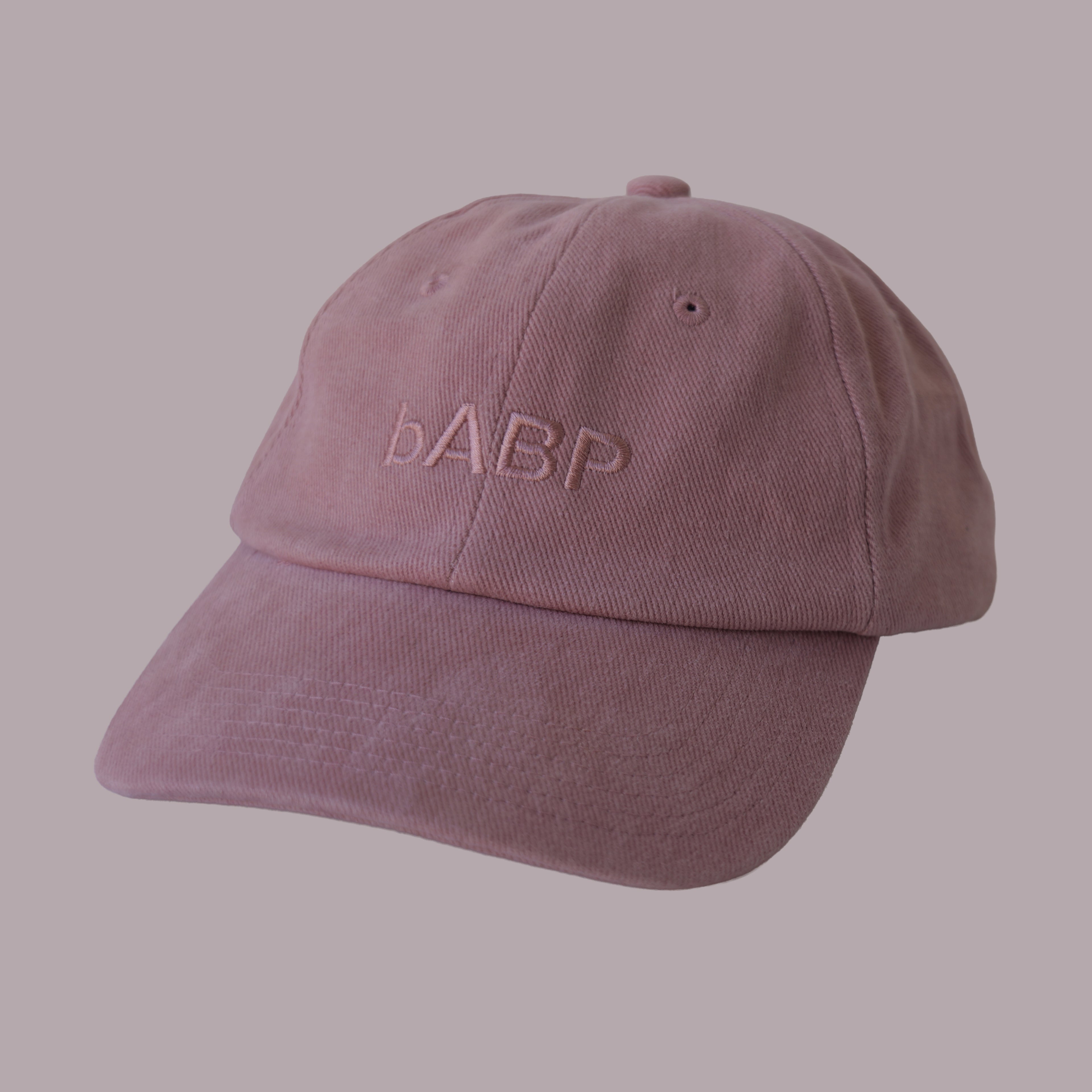 Professional macro shot of bABP B-SIDE: FRESH COMPOST signature pink cotton dad hat with tonal logo embroidery, featured on a matching monochromatic dusty-rose background