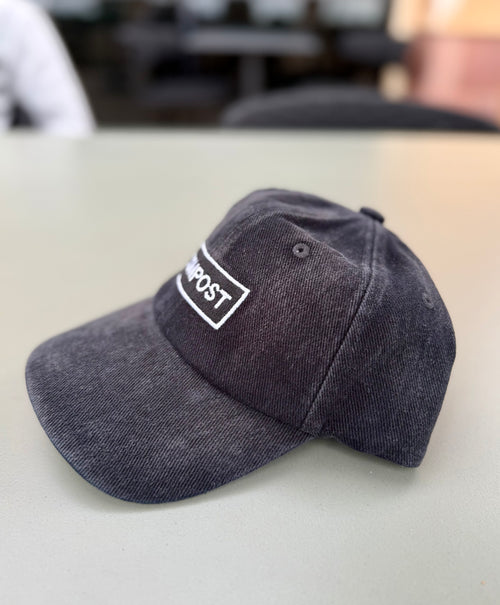 bABP Compost black washed cotton dad hat with white embroidery, side profile view showing premium fit