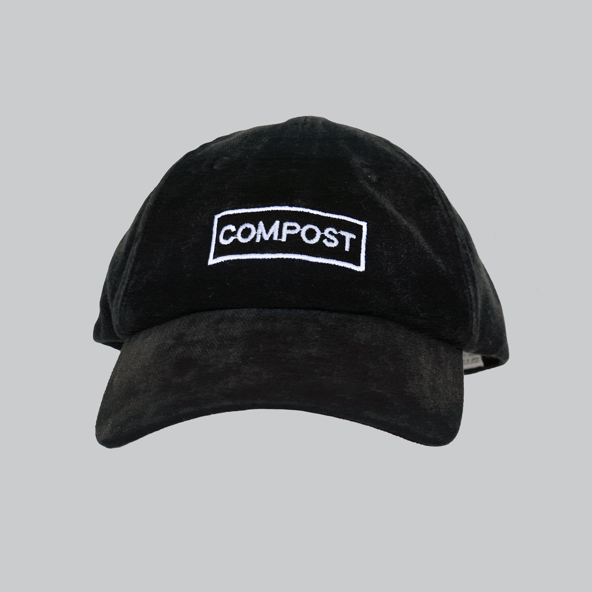360-degree spinning view of bABP "COMPOST" black washed cotton hat with white logo embroidery, B-SIDE collection, showing high-contrast detail and vintage texture