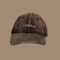 360-degree spinning view of bABP "GARBAGE" tan distressed cotton hat, B-SIDE collection, showing vintage washed texture and tonal embroidery
