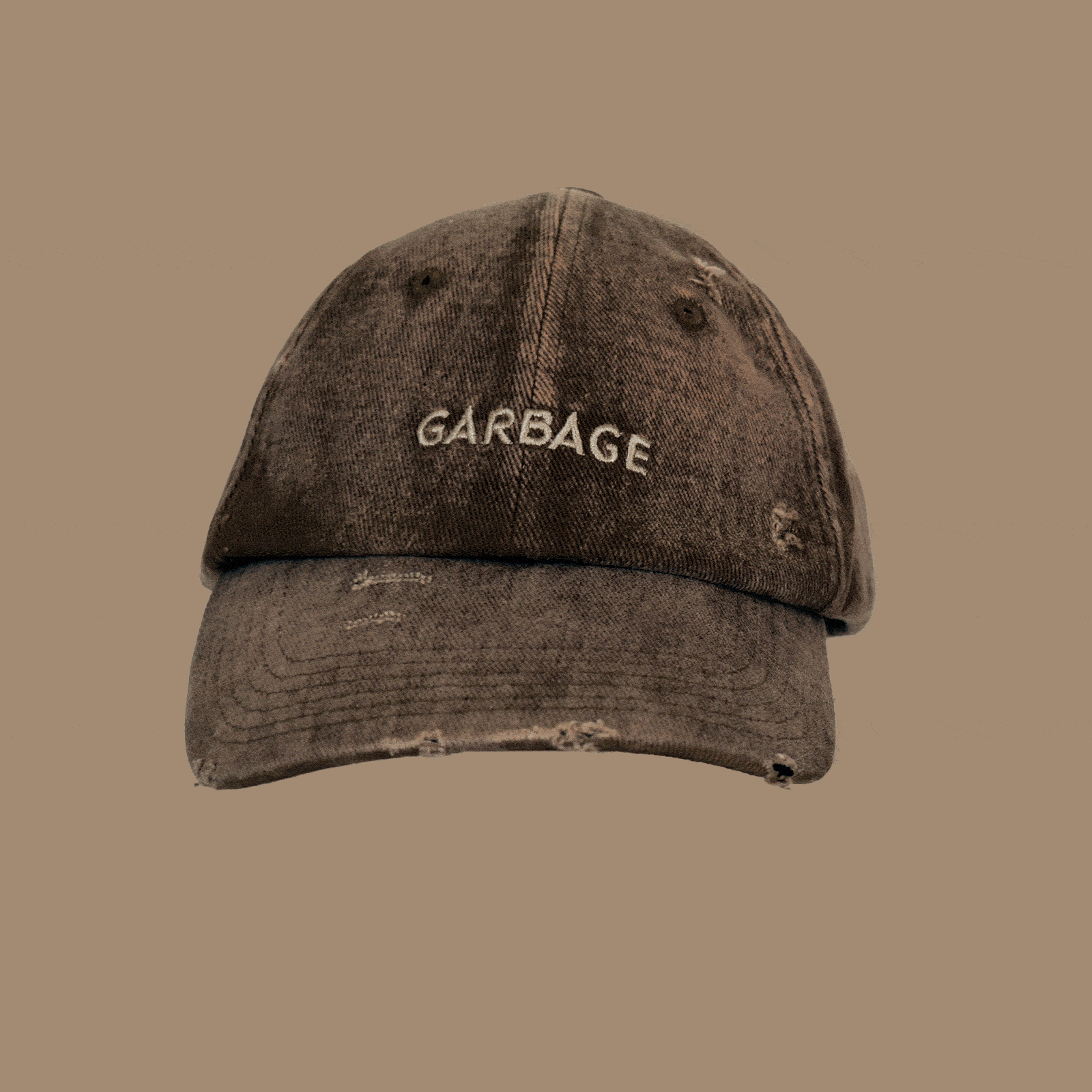 360-degree spinning view of bABP "GARBAGE" tan distressed cotton hat, B-SIDE collection, showing vintage washed texture and tonal embroidery