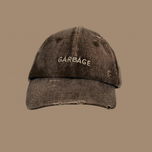360-degree spinning view of bABP "GARBAGE" tan distressed cotton hat, B-SIDE collection, showing vintage washed texture and tonal embroidery