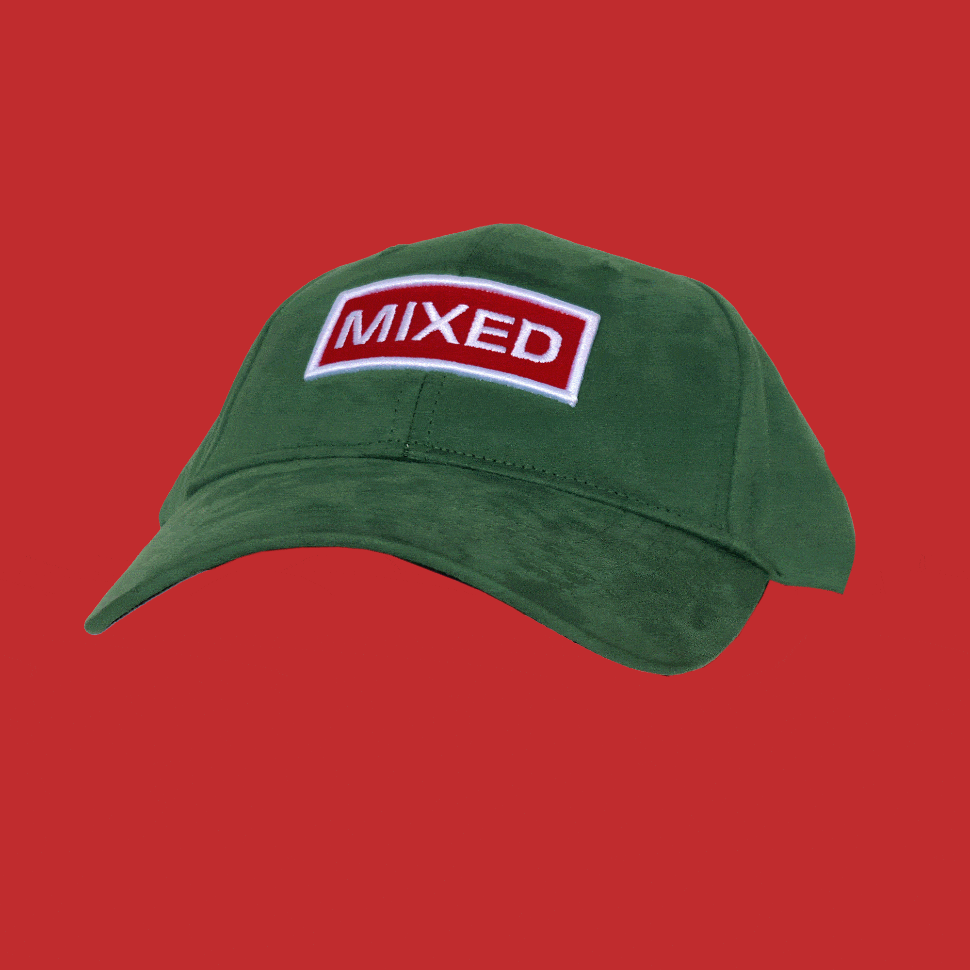 360-degree spinning view of bABP "MIXED" green eco-suede hat with red and white logo embroidery, Signature Collection, showing bold eclectic design and premium texture