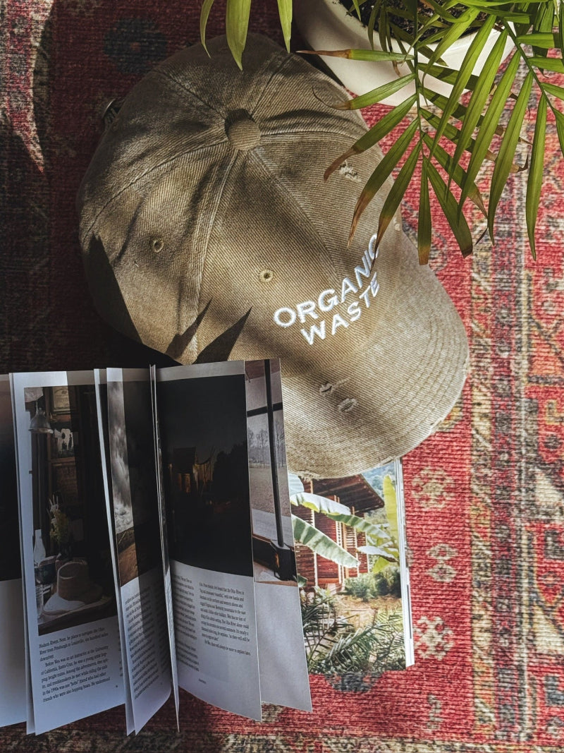 Top view of bABP "ORGANIC WASTE" sage green distressed cotton hat placed next to an open editorial magazine on a red patterned vintage rug