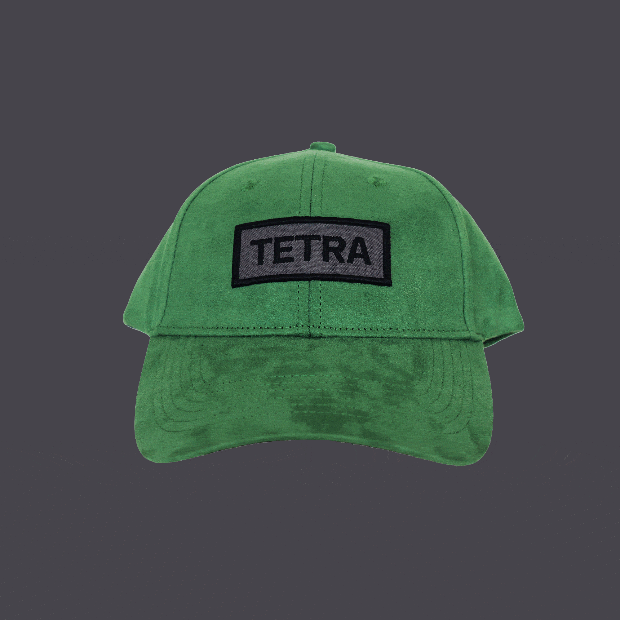 360-degree spinning view of bABP "TETRA" green eco-suede hat with grey and black logo embroidery, Signature Collection, showing sharp geometric design and premium texture
